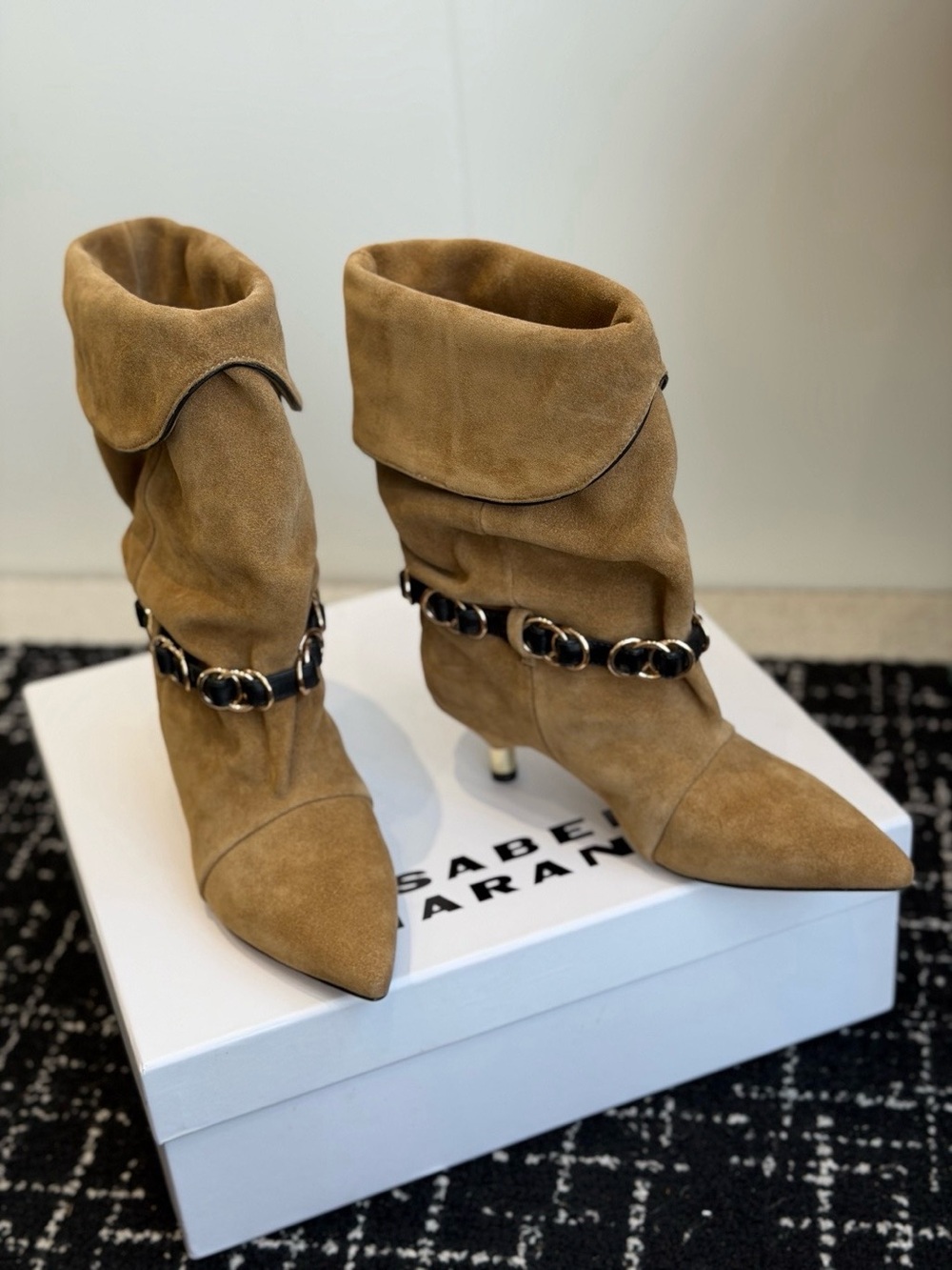 Isabel Marant Tan Suede Pointed-Toe Mid-Calf Boots with Chain Strap